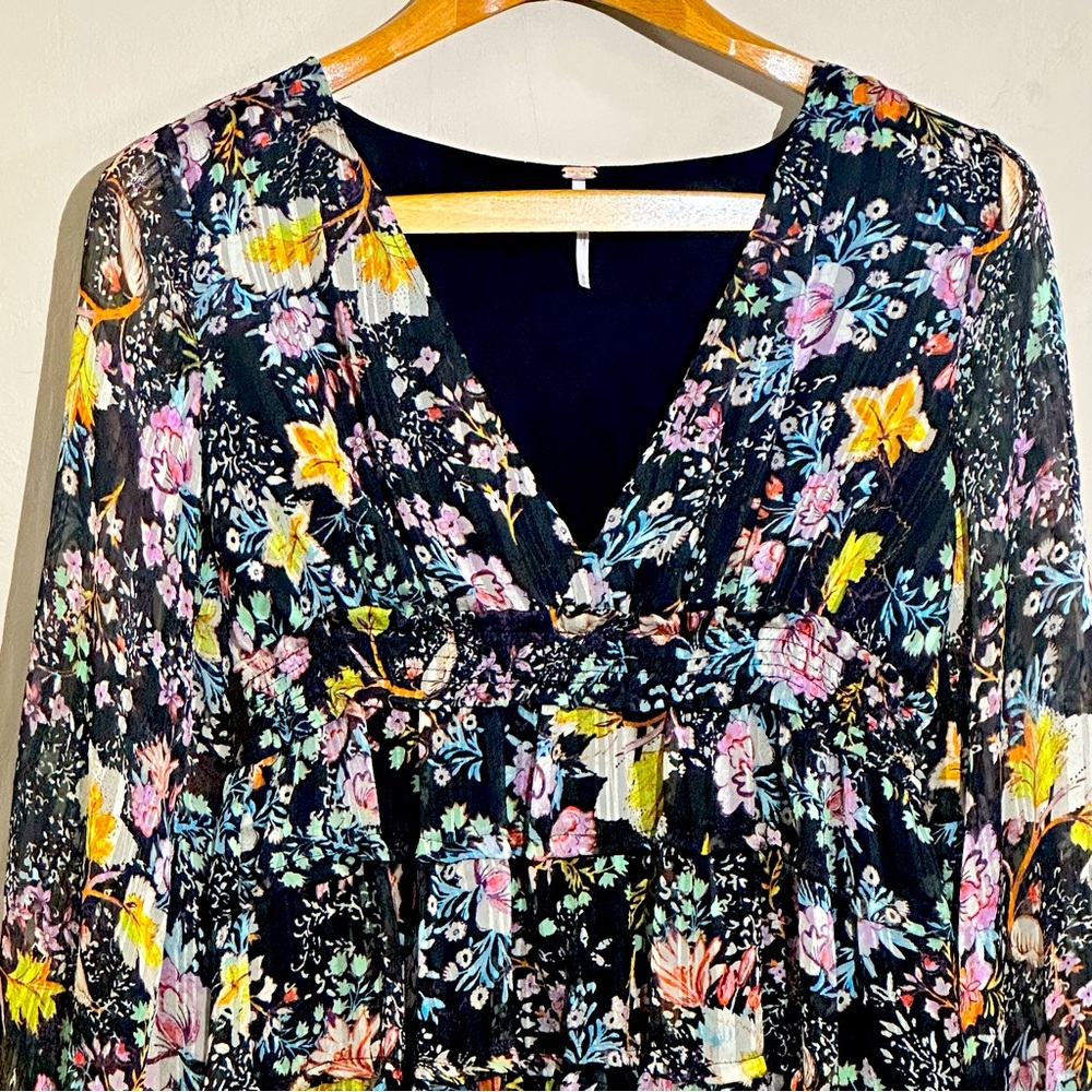 Free People Floral Print BoHo Bell Long Sleeve Mini Dress